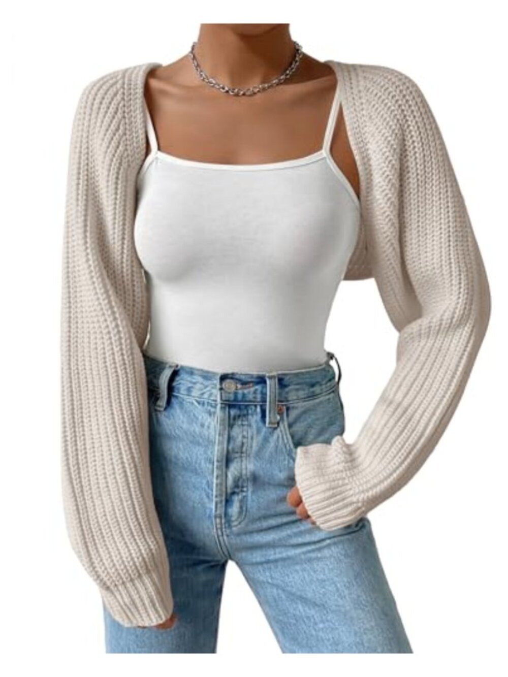Women's Knit Shrug Cardigan Open Front Long Sleeve Drop Shoulder Crop Bolero